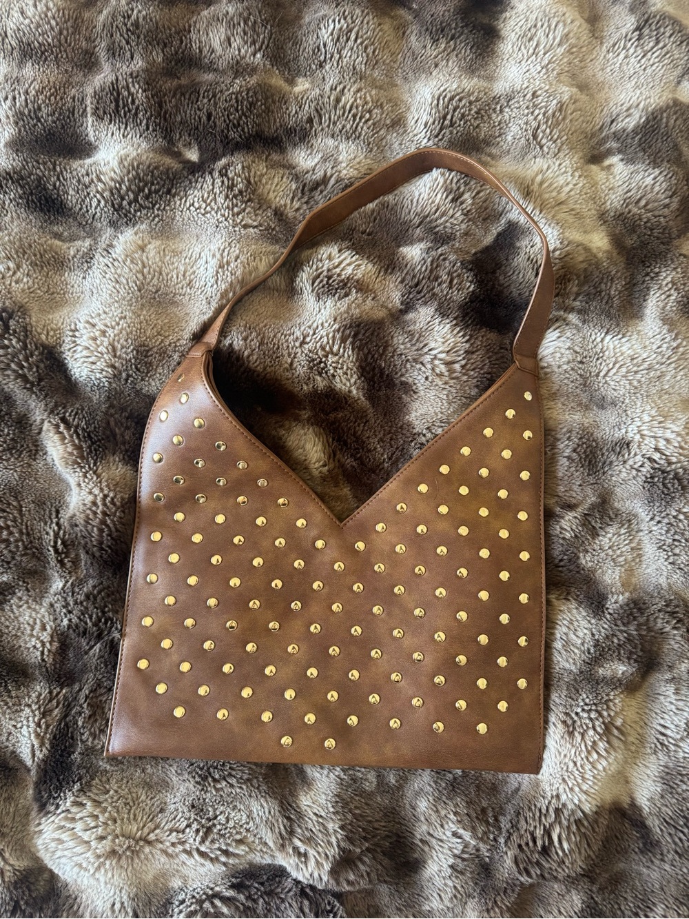 Brown Studded Shoulder Tote Bag
